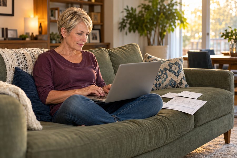Woman at home on her laptop with bills and envelopes beside her on the sofa