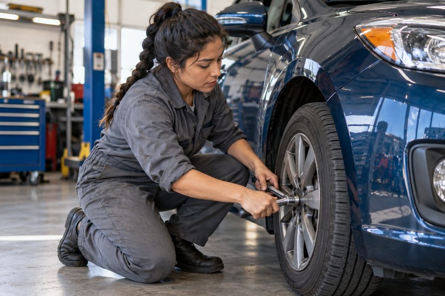 Mechanic tightening a wheel on a car in a repair garage