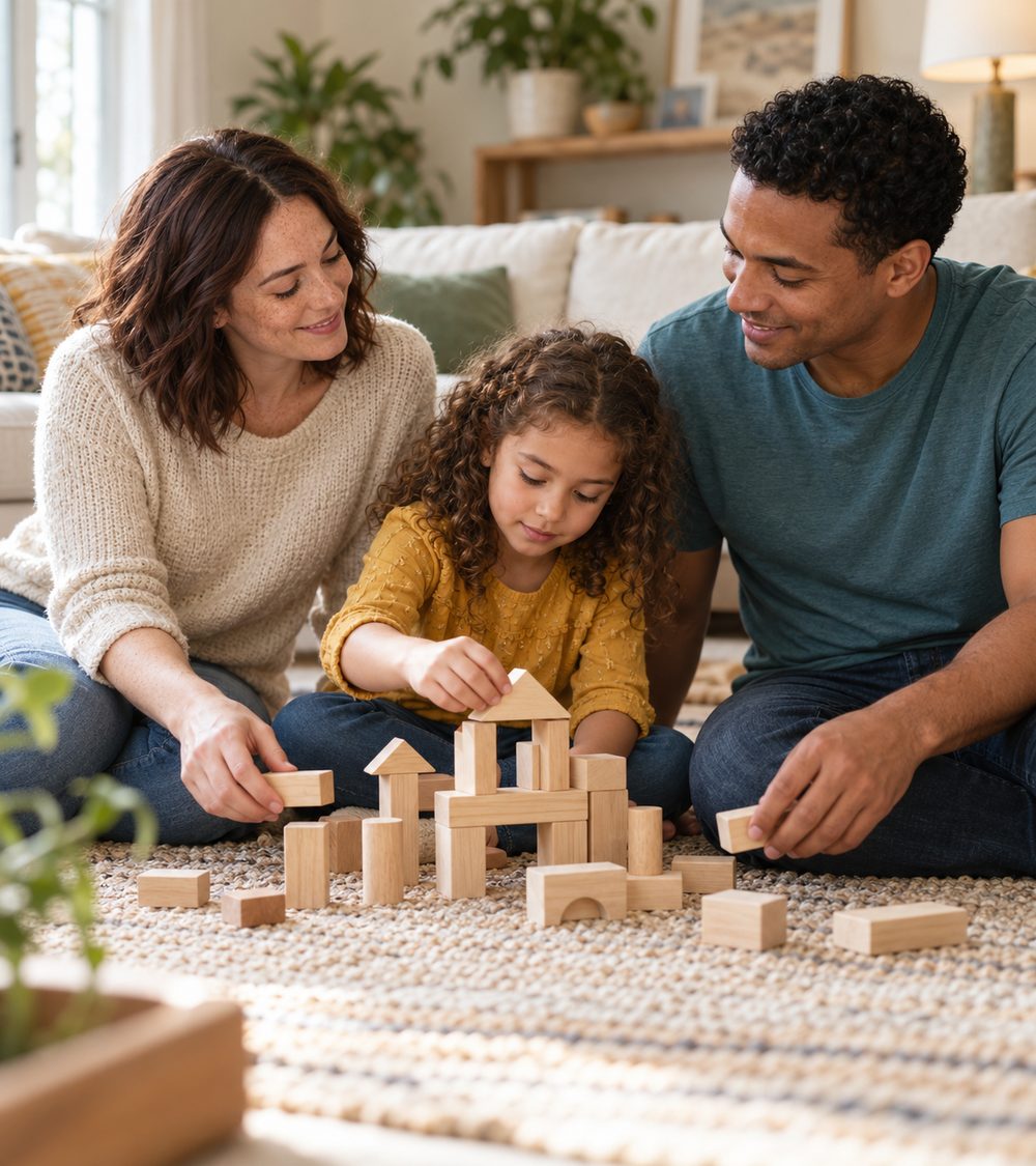 Parents and their young daughter building with wooden blocks together on the living room floor